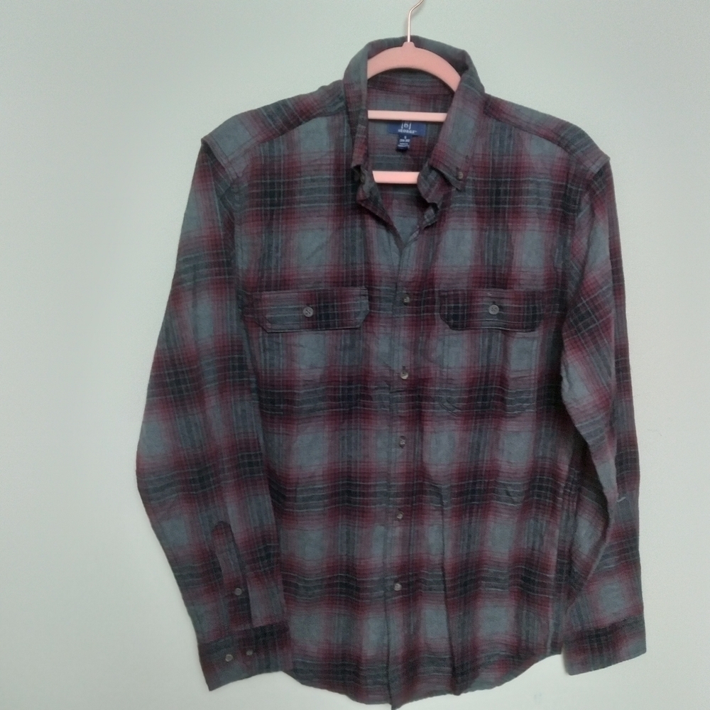 George Gray and Burgundy Plaid Flannel Button Down Shirt Size Small - Picture 3 of 11